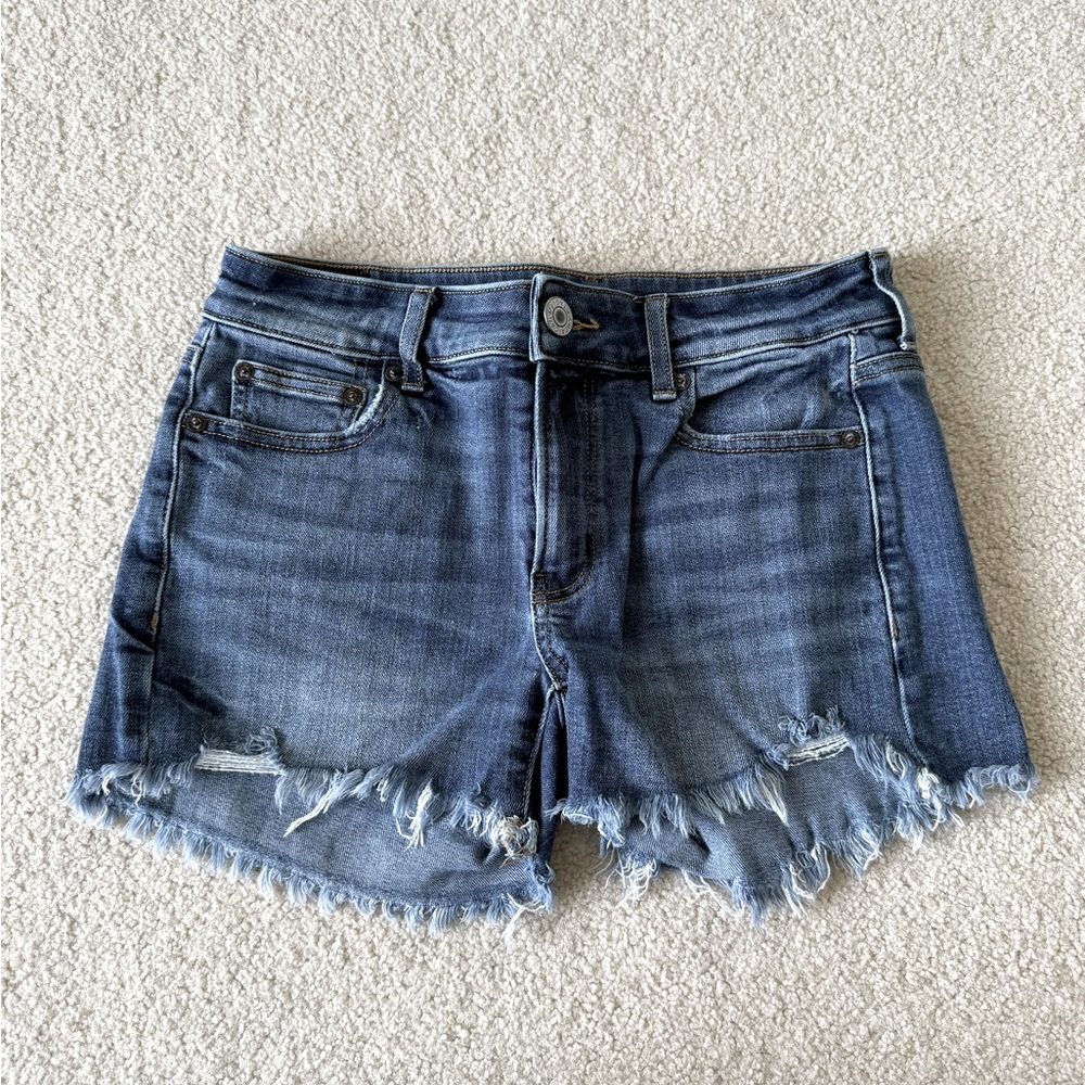 American Eagle AE Tomgirl Midi Stretch Jean Cut Off Medium Wash Shorts 0